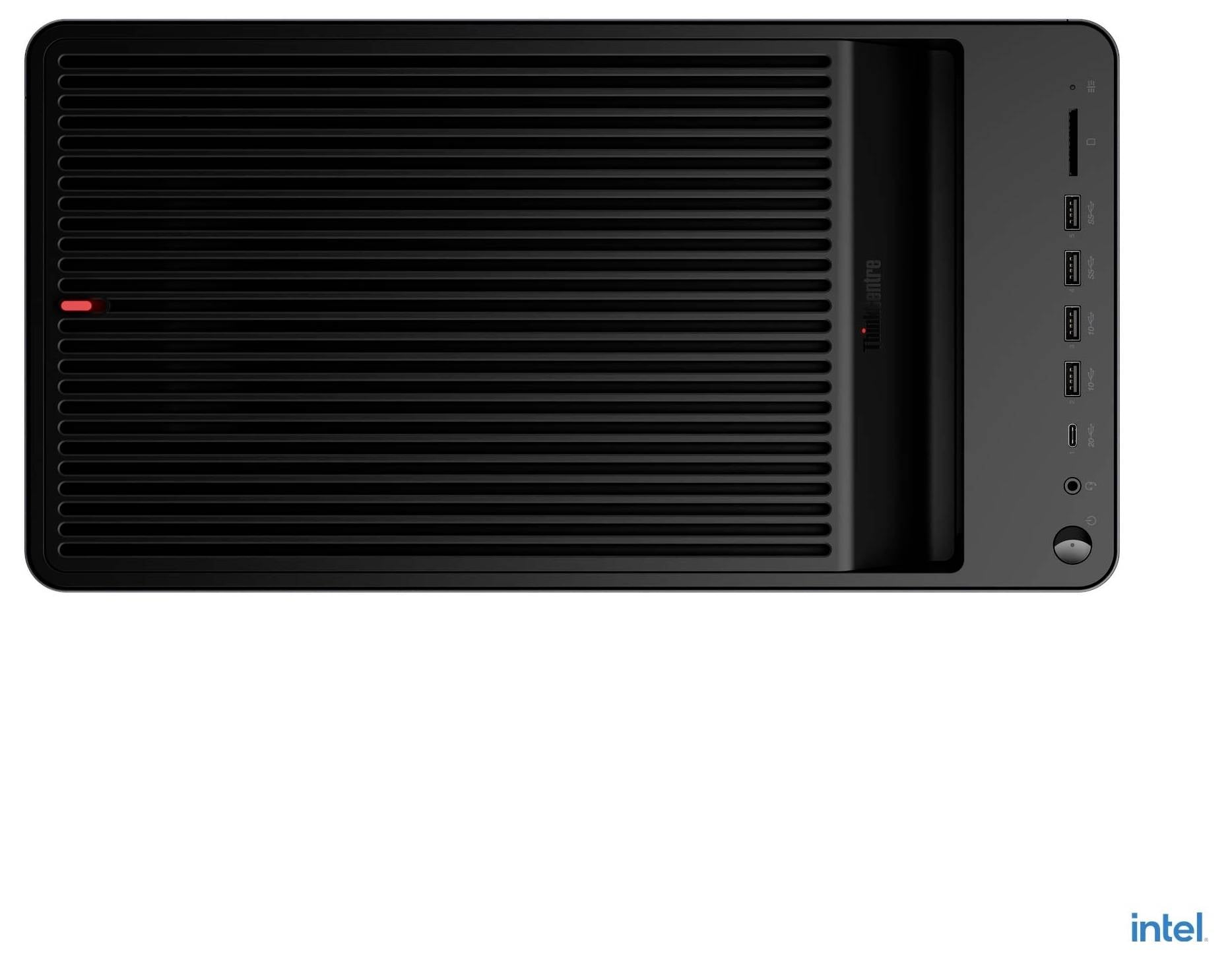 Vue de dessus d'un boîtier PC de bureau Intel noir avec un panneau ventilé à nervures, des ports avant et un bouton d'alimentation sur la droite