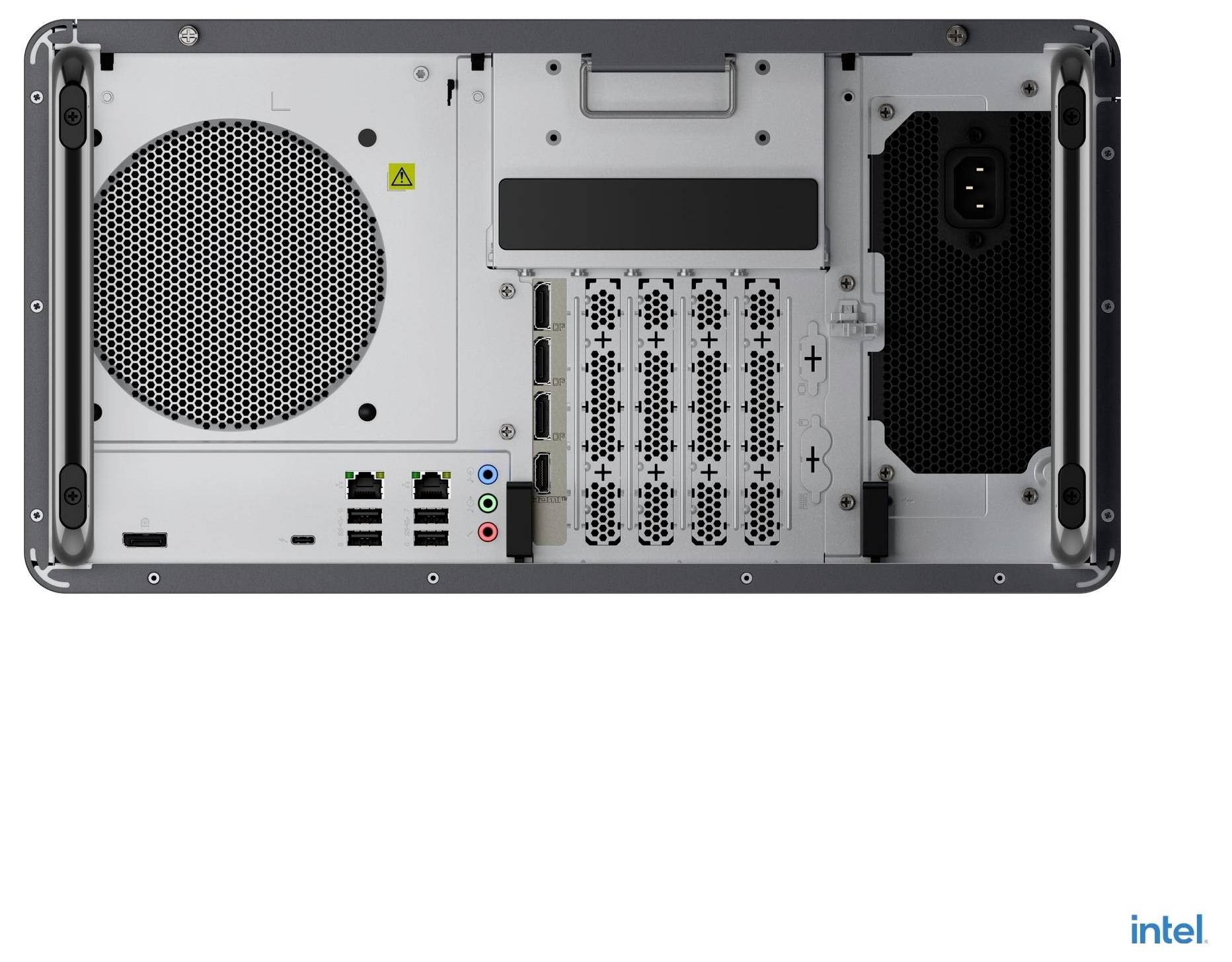 Vue arrière d'une tour d'ordinateur de bureau montrant la ventilation, la prise d'alimentation, les ports USB et audio, ainsi que les emplacements d'extension.