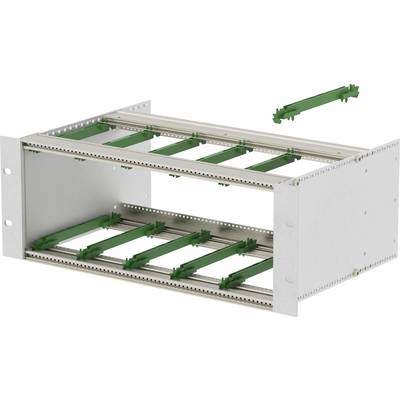 Châssis ouvert de baie de rangement blanc avec rails de montage internes verts et une pièce de rail amovible illustrée ci-dessus.