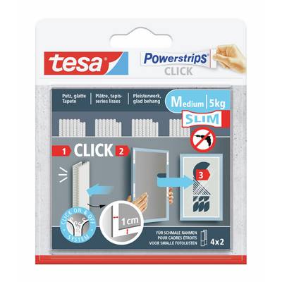 Système de suspension d'images adhésif Tesa Powerstrips Click Slim Medium 5 kg, avec 4x2 bandes présenté pour les murs lisses et les petits cadres photos.