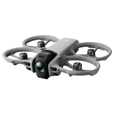Drone quadricoptère gris avec quatre protections d'hélices et une caméra montée à l'avant, présenté en perspective sur un fond blanc.