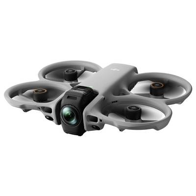 Drone DJI FPV gris avec caméra frontale intégrée et quatre garde-hélices circulaires, présenté sur fond blanc.