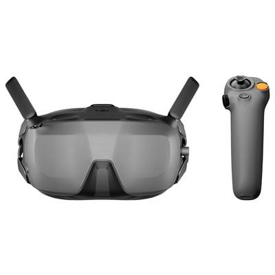 Un casque de lunettes FPV gris avec deux antennes et une manette de commande assortie présentés côte à côte sur un fond blanc.