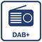 Logo DAB+ avec une icône de radio bleue stylisée à l'intérieur d'une bordure carrée arrondie et le texte « DAB+ » en dessous.