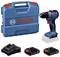 Perceuse sans fil Bosch avec étui de transport bleu et trois accessoires batterie/chargeur 18V sur fond blanc.