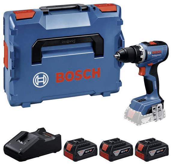 Perceuse sans fil Bosch avec mallette de transport, chargeur et trois batteries 18V sur fond blanc.