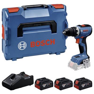 Perceuse sans fil Bosch avec mallette de transport, chargeur et trois batteries 18V sur fond blanc.