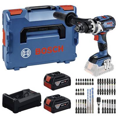 Kit perceuse sans fil Bosch avec mallette rigide, deux batteries 18V, chargeur et assortiment de forets et embouts de tournevis.
