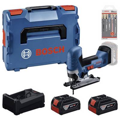 Kit de scie sauteuse sans fil Bosch avec étui de transport bleu, deux batteries 18V, chargeur et assortiment de lames présentés sur fond blanc.