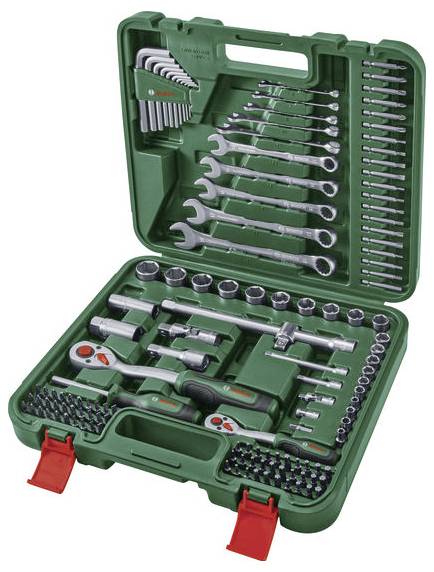 Mallette à outils verte ouverte contenant des clés mixtes assorties, des douilles, des barres de cliquet, des embouts de tournevis et des rallonges organisés de manière soignée à l'intérieur.