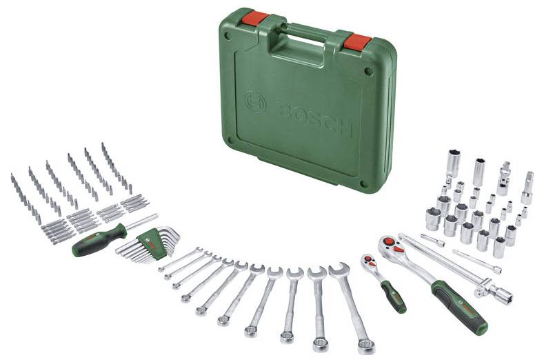 Kit d'outils Bosch avec mallette de transport verte, forets, jeu de douilles, clés, tournevis et cliquet sur fond blanc.