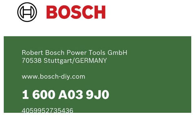 Étiquette de produit Bosch montrant Robert Bosch Power Tools GmbH, Stuttgart/Allemagne, site Web www.bosch-diy.com, et numéro de pièce 1 600 A03 9J0.