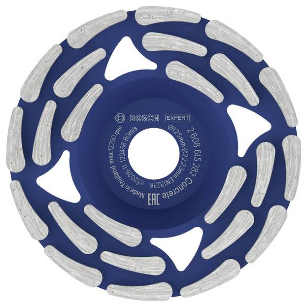 Meule de meulage diamantée Bosch Expert bleu avec sections abrasives argentées segmentées, présentée de face sur fond blanc.