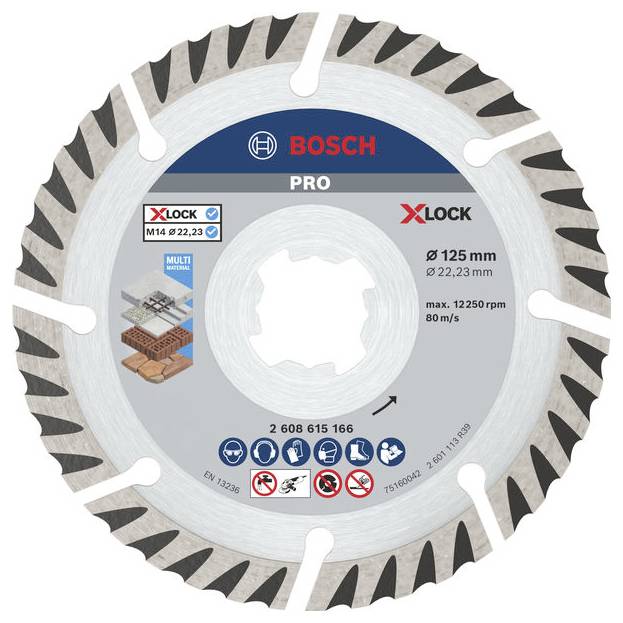Lame de coupe diamantée Bosch Pro X-Lock, diamètre 125 mm, pour la coupe multi-matériaux, présentée avec les icônes de sécurité et les spécifications du produit.