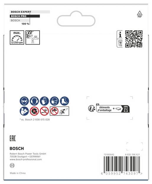 Emballage d'outils Bosch Professional avec marquage de produit, code QR, code-barres, symboles de recyclage et pictogrammes de sécurité ; le texte affiche « max. 12250 tr/min » et « éléments d'emballage ».