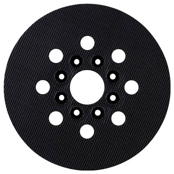 Disque texturé circulaire noir avec un grand trou central et des trous plus petits régulièrement espacés autour de celui-ci, présenté sur un fond blanc.