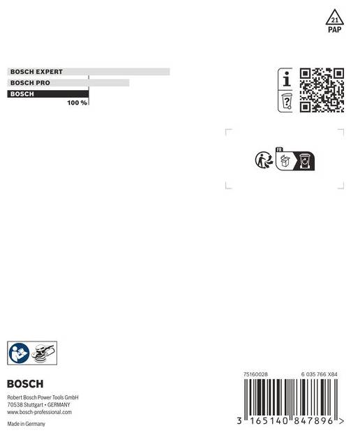 Emballage produit Bosch avec un code QR, des symboles de recyclage et les étiquettes « BOSCH EXPERT », « BOSCH PRO » et « BOSCH » avec un marqueur 100%.