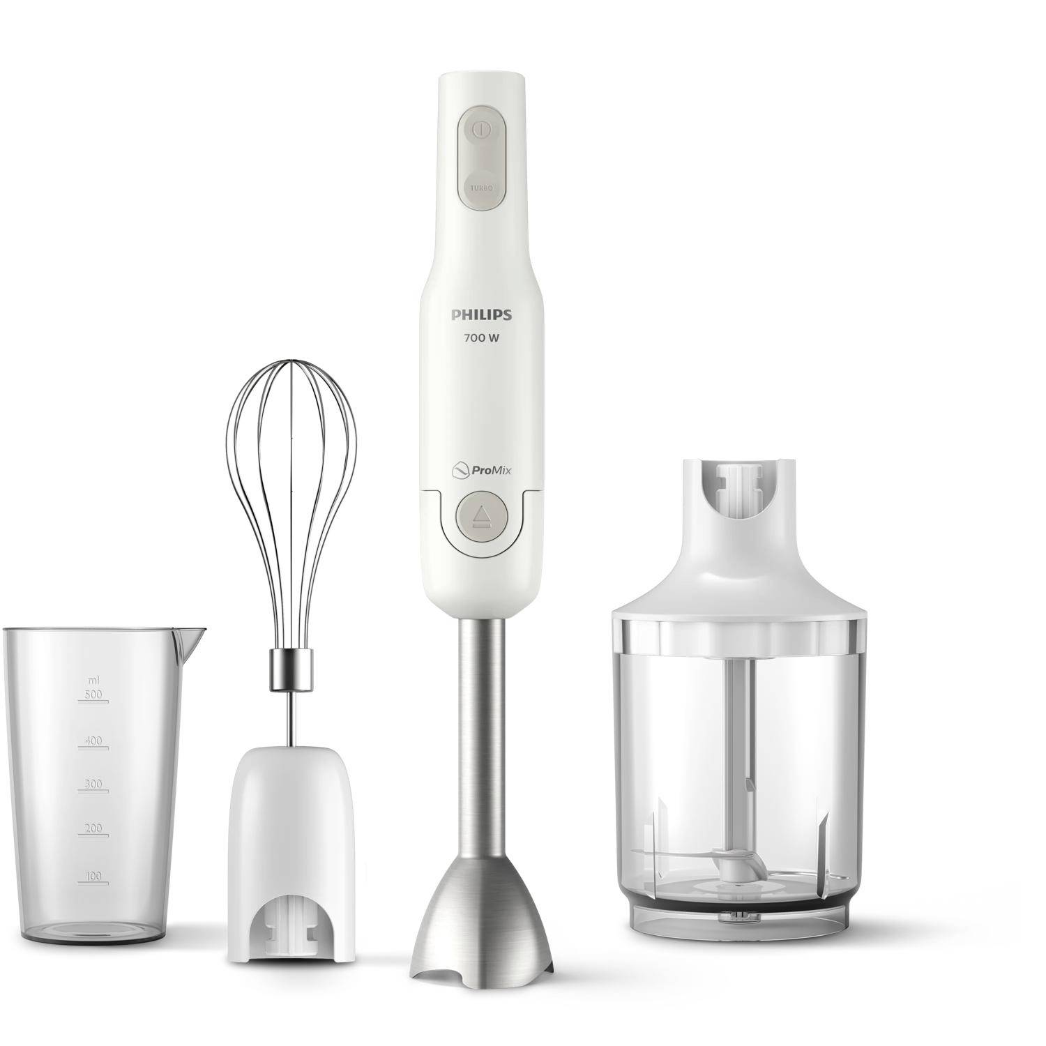 Mélangeur plongeant Philips ProMix 700W blanc avec accessoire fouet, bol hachoir et verre doseur sur fond blanc.