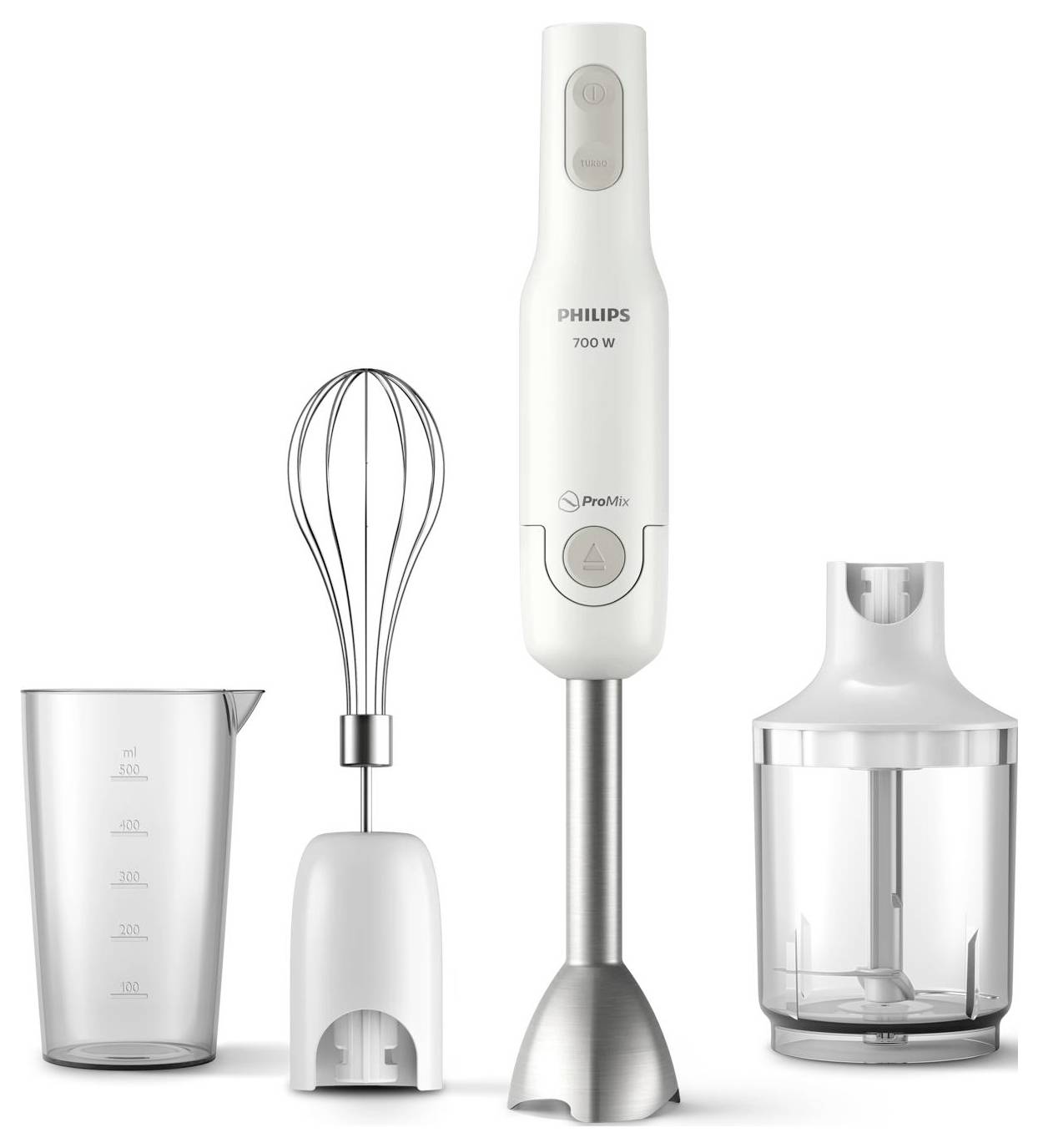 Ensemble mixeur plongeant Philips 700W avec mixeur à immersion, accessoire fouet, tasse à mesurer et bol hachoir sur fond blanc.