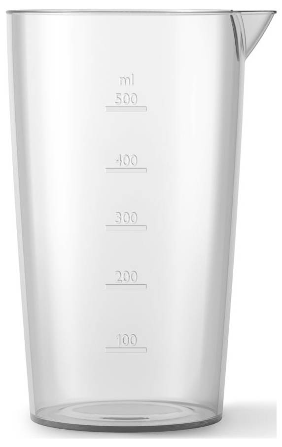 Bécher de mesure transparent de 500 ml avec des graduations en incréments de 100 ml, présenté vide sur un fond blanc.