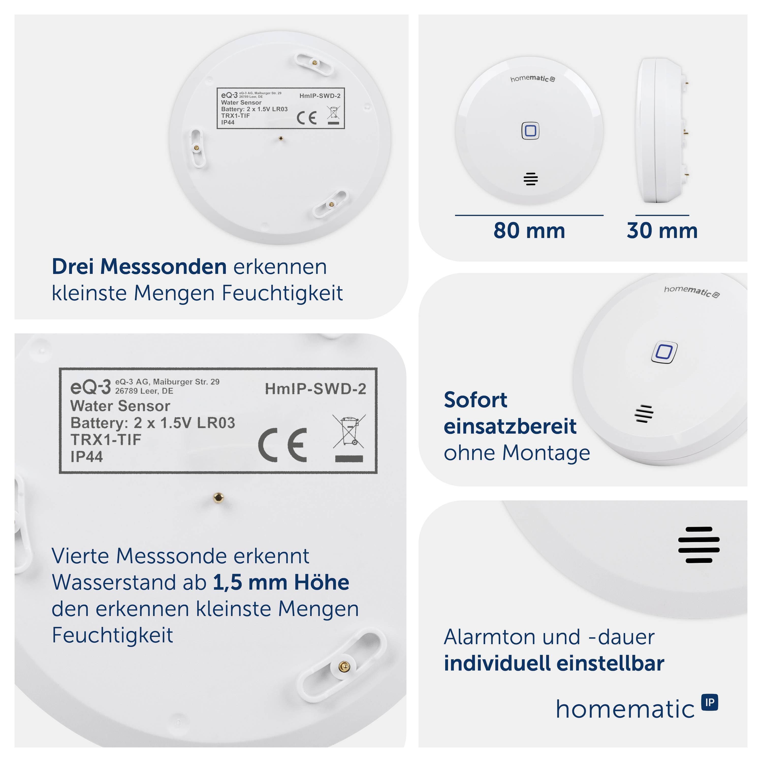 Montage d'un capteur d'humidité Homematic IP : détecte la plus petite humidité, mesure le niveau d'eau à partir de 1,5 mm, prêt à l'emploi immédiatement, volume d'alarme réglable.