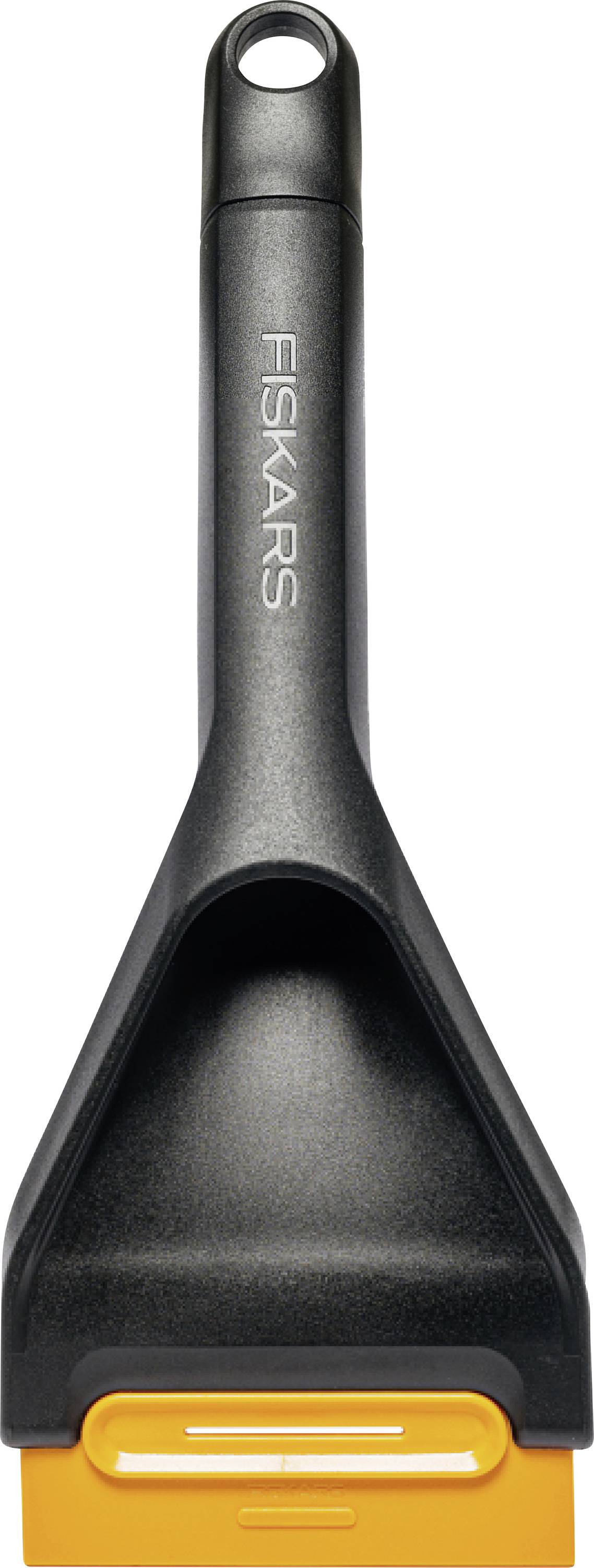 Grattoir à glace noir Fiskars avec lame orange sur fond blanc
