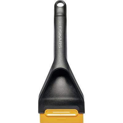 Grattoir à glace noir Fiskars avec lame orange sur fond blanc