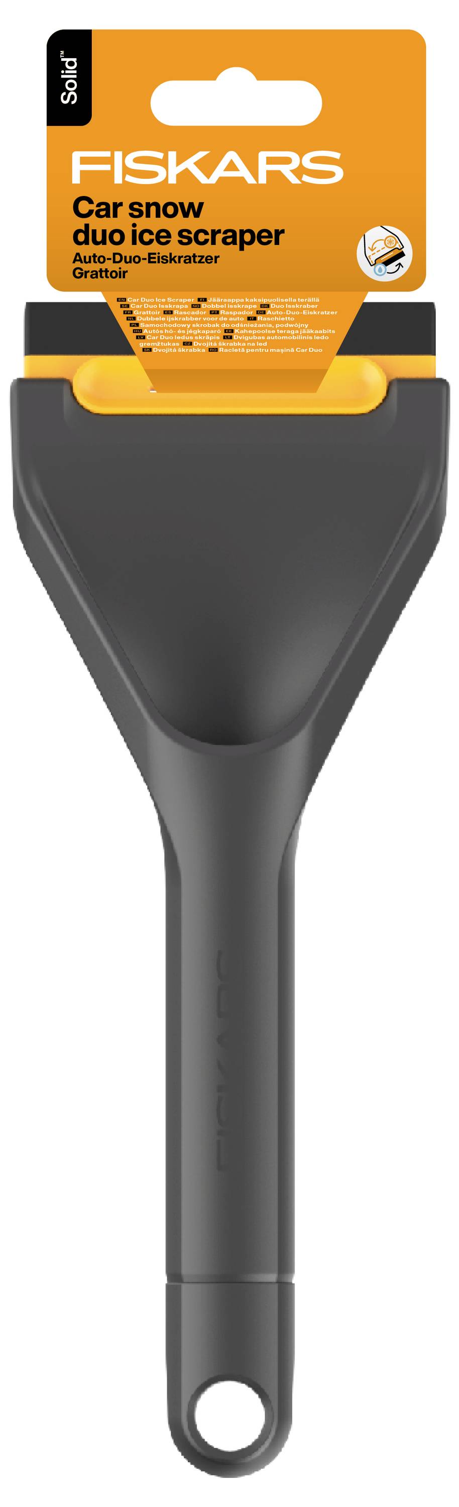 Racloir à glace Fiskars Car snow duo avec poignée noire et tête à gratter orange, présenté sur l'emballage du produit.