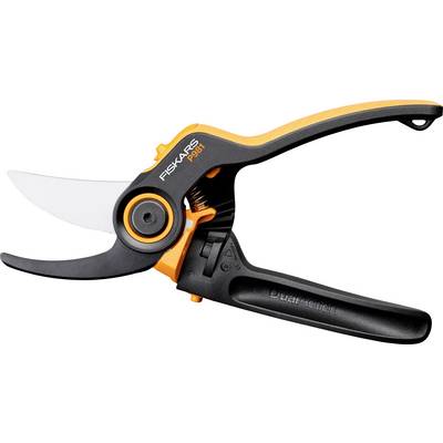 Sécateurs Fiskars noirs et orange avec lames courbes et poignées en boucle sur un fond blanc.