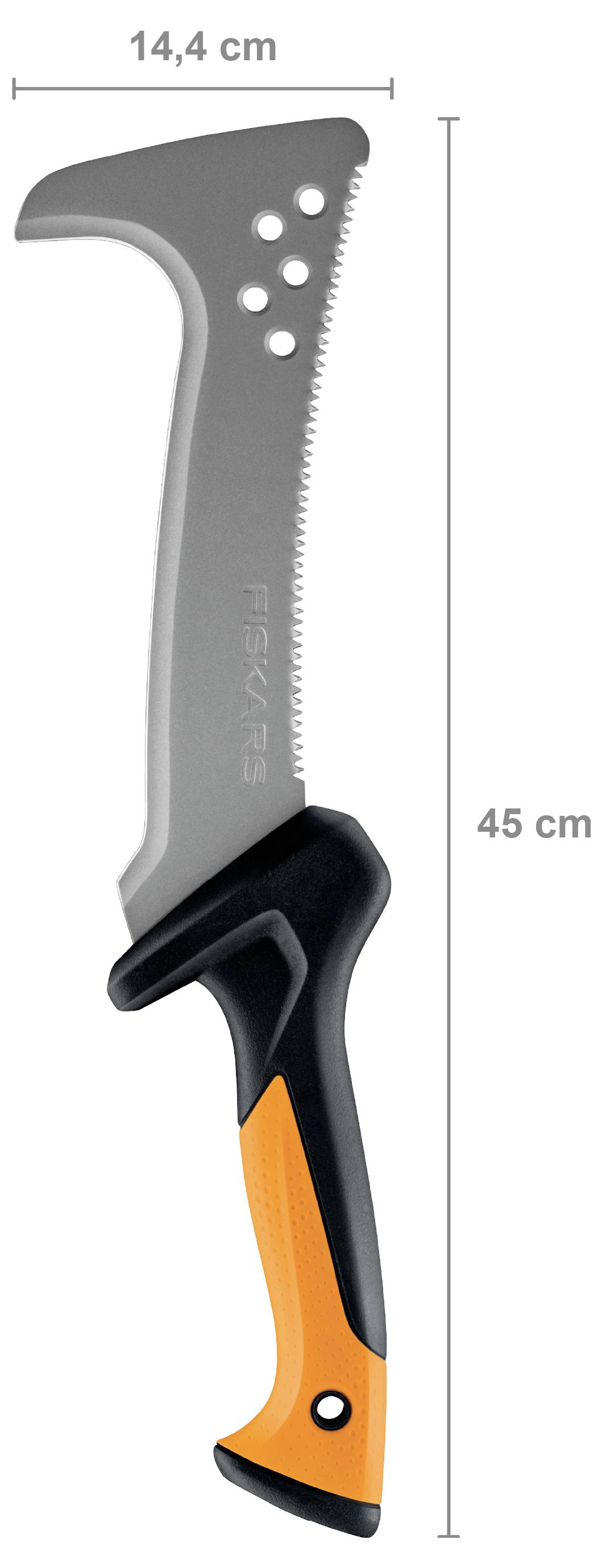Scie d'élagage grise et orange avec poignée ergonomique, présentée avec des dimensions de 14,4 cm de largeur et 45 cm de longueur.