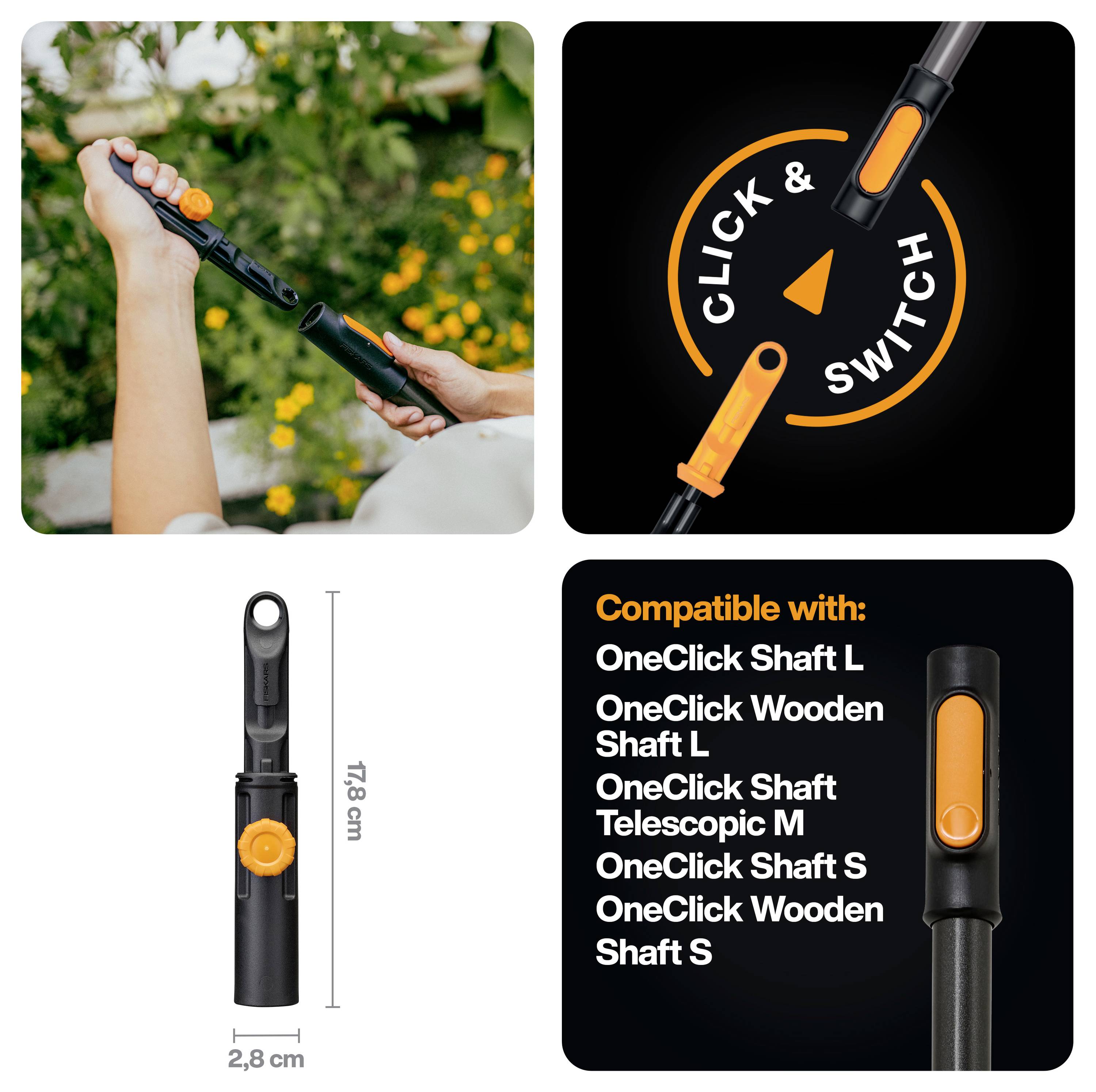 Annonce produit montrant un manche d'outil de jardinage à fixation rapide étant attaché et utilisé, avec une liste de compatibilité pour les modèles de manche OneClick et les dimensions 17,8 cm par 2,8 cm.