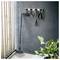 Outils de jardin accrochés à un porte-outils mural avec un râteau à feuilles appuyé dessous ; plante en pot au premier plan.