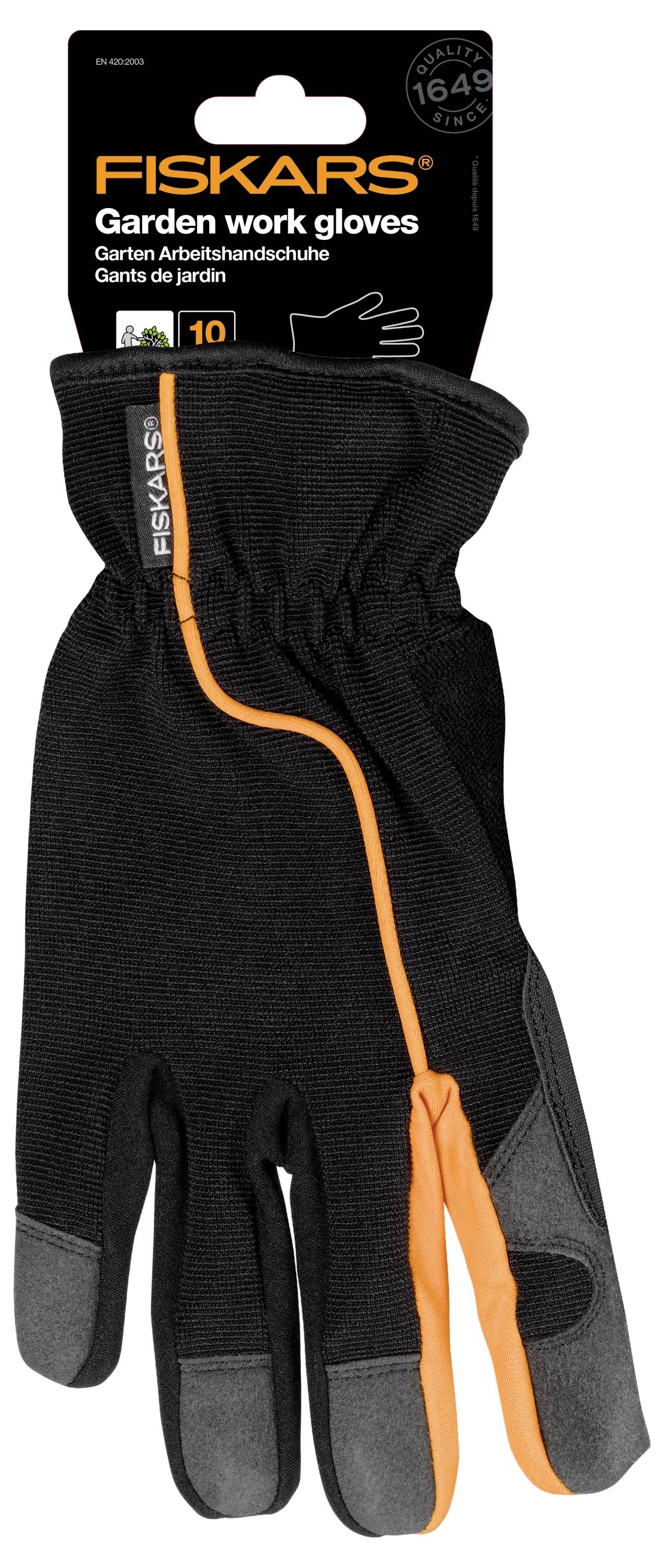 Paire de gants de travail de jardinage noirs Fiskars avec bordures orange et bouts des doigts gris, présentés sur l'emballage du produit étiqueté « Garten work gloves » et « Gants de jardin ».