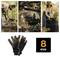 Collage montrant des gants de jardinage en cours d'utilisation pour creuser et planter, ainsi qu'une photo de produit de gants noir et orange étiqueté « 8 tailles ».