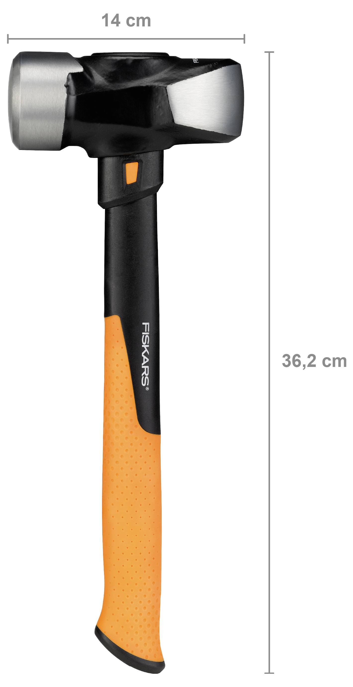 Image produit d'une masse à fendre Fiskars avec un manche noir et orange, montrant les dimensions : 36,2 cm de hauteur et 14 cm de largeur.