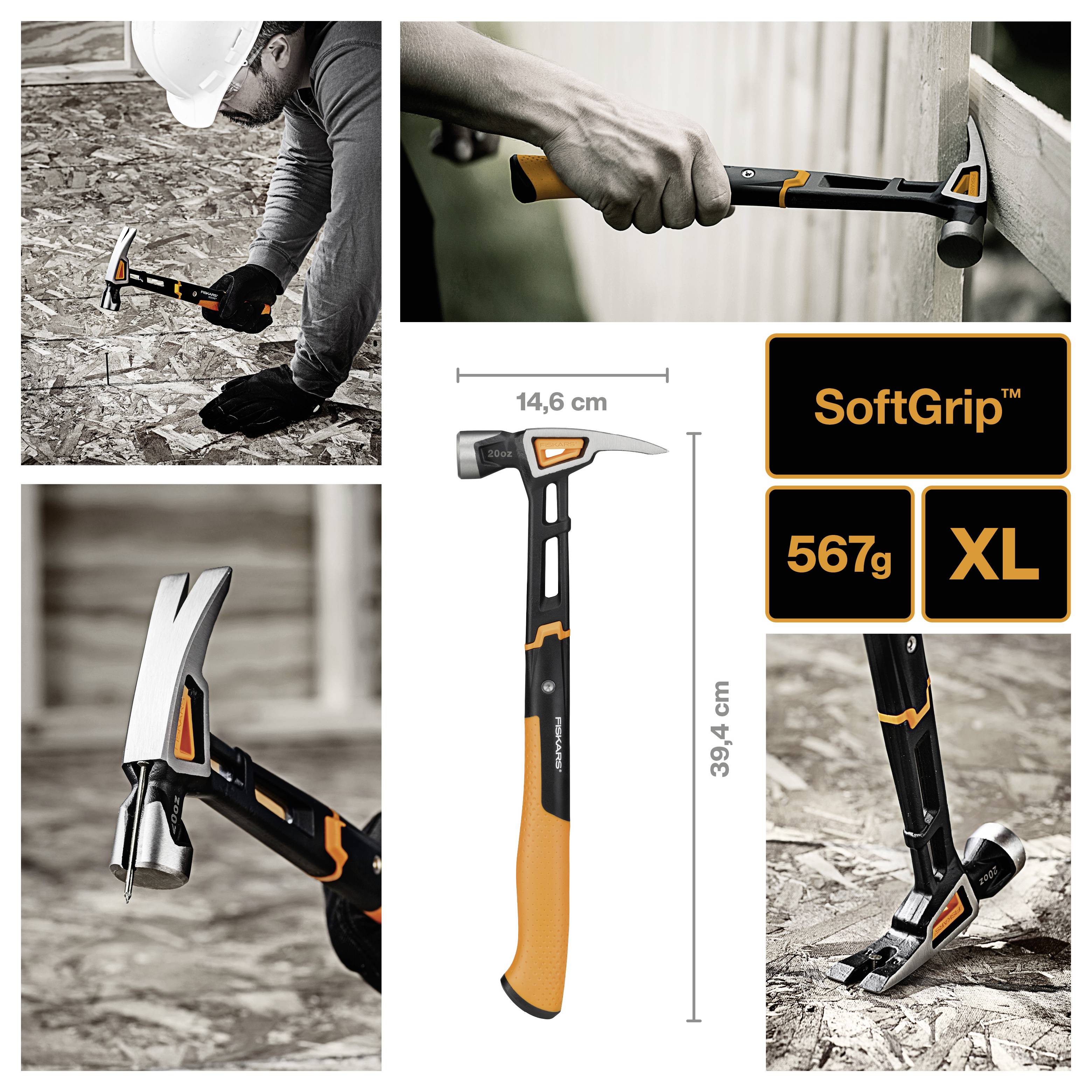 Collage de produits montrant un marteau noir et orange avec « SoftGrip », « 567g » et « XL », plus les dimensions 14,6 cm et 39,4 cm.