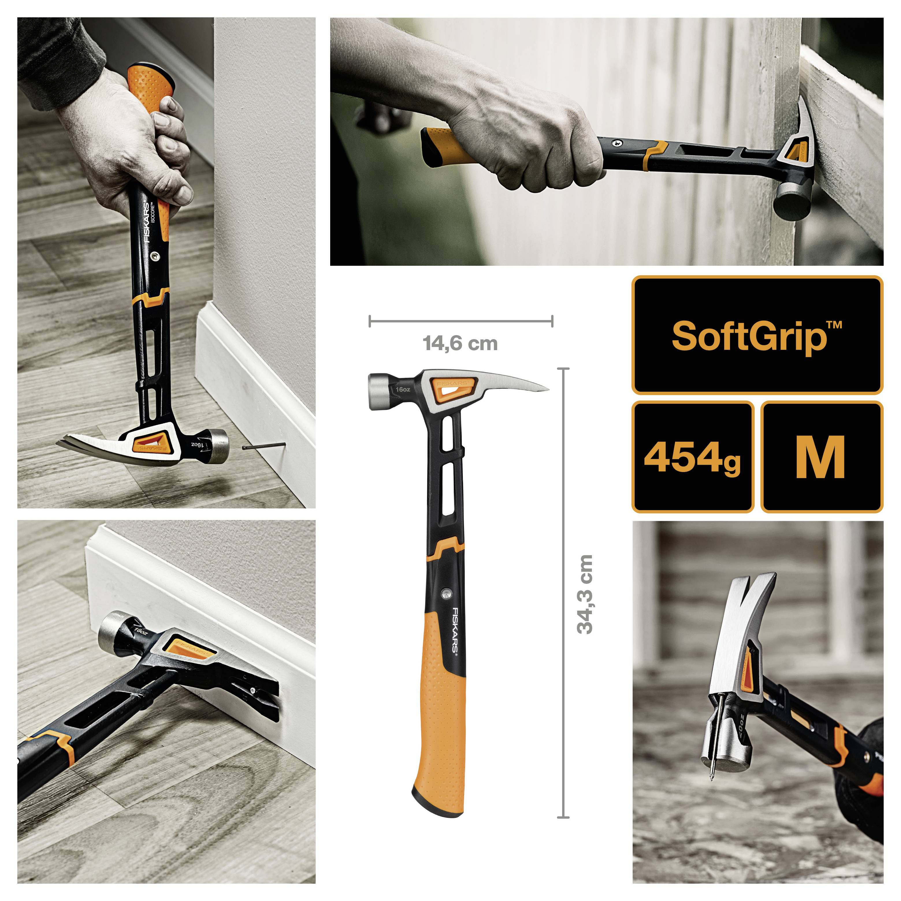 Collage montrant un marteau noir et orange avec pied-de-biche et poignée SoftGrip utilisé sur du bois, avec les spécifications du produit 454g, taille M, 14,6 cm et 34,3 cm.
