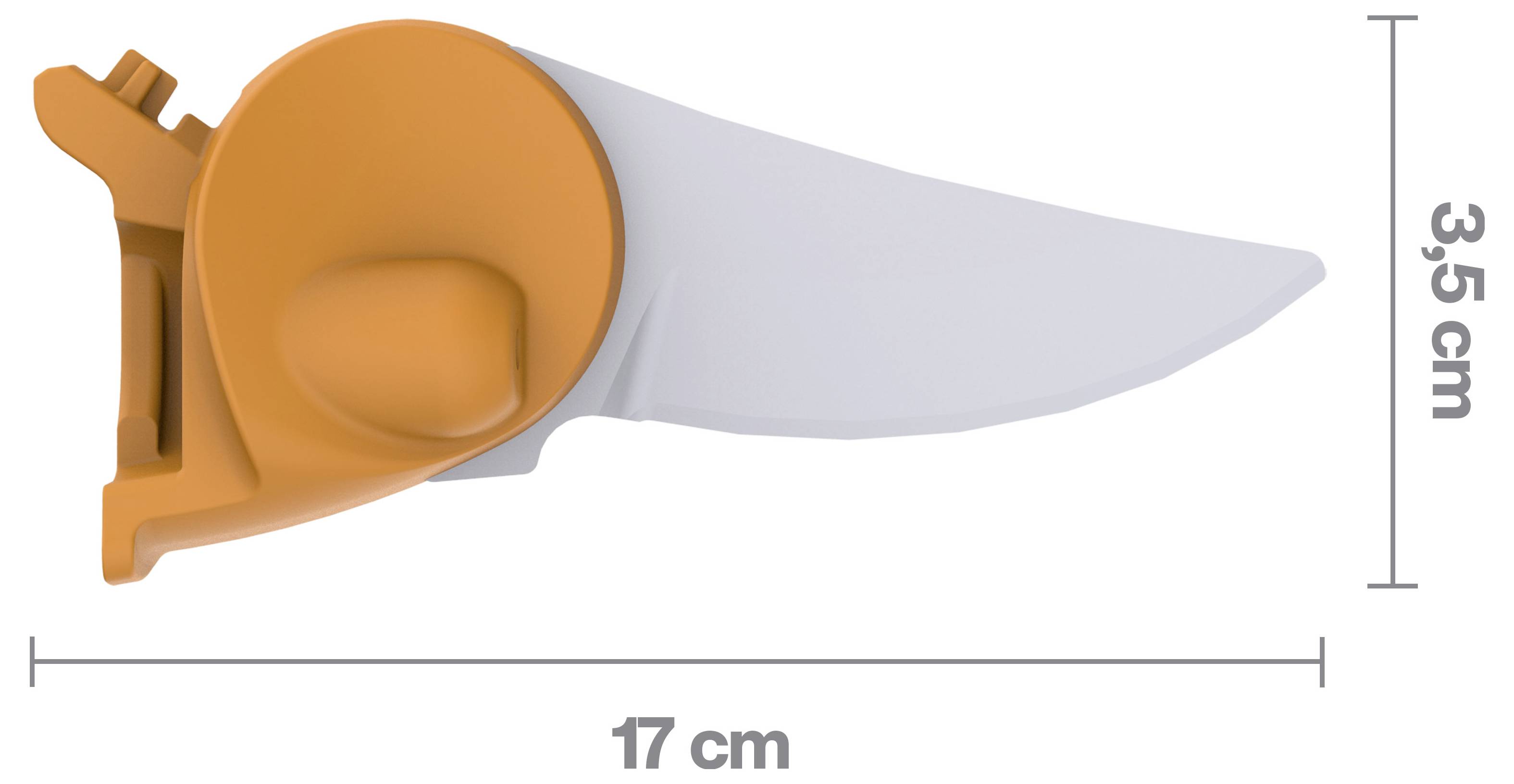 Couteau de sécurité orange avec lame rétractable, présenté avec des dimensions de 17 cm de long et 3,5 cm de haut.