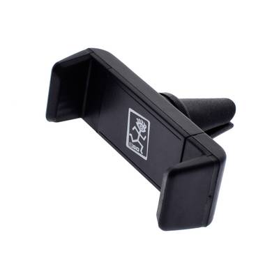 Porte-téléphone pour grille d'aération de voiture en plastique noir avec pinces latérales réglables et clip de ventilation arrière, présenté sur fond blanc.