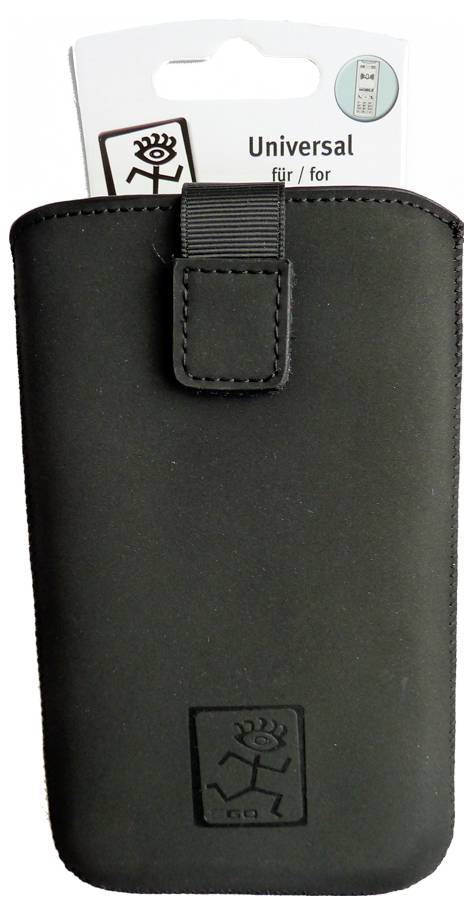 Pochette de téléphone universelle noire dans un emballage de vente au détail avec rabat supérieur et logo en relief.