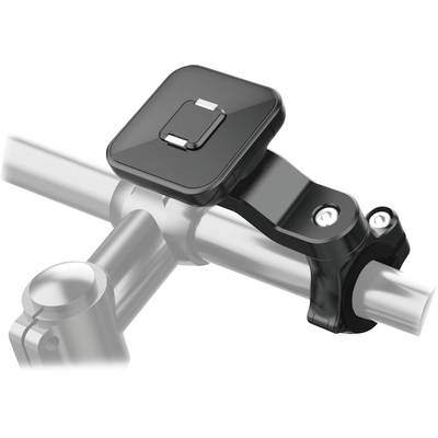 Pince de guidon de vélo/motocyclette noire maintenant une caméra d'action rectangulaire ou un appareil sur une barre tubulaire argentée.
