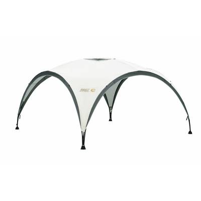 Tente de camping à quatre pieds avec dais blanc et supports noirs arqués, présentée sur un fond uni.