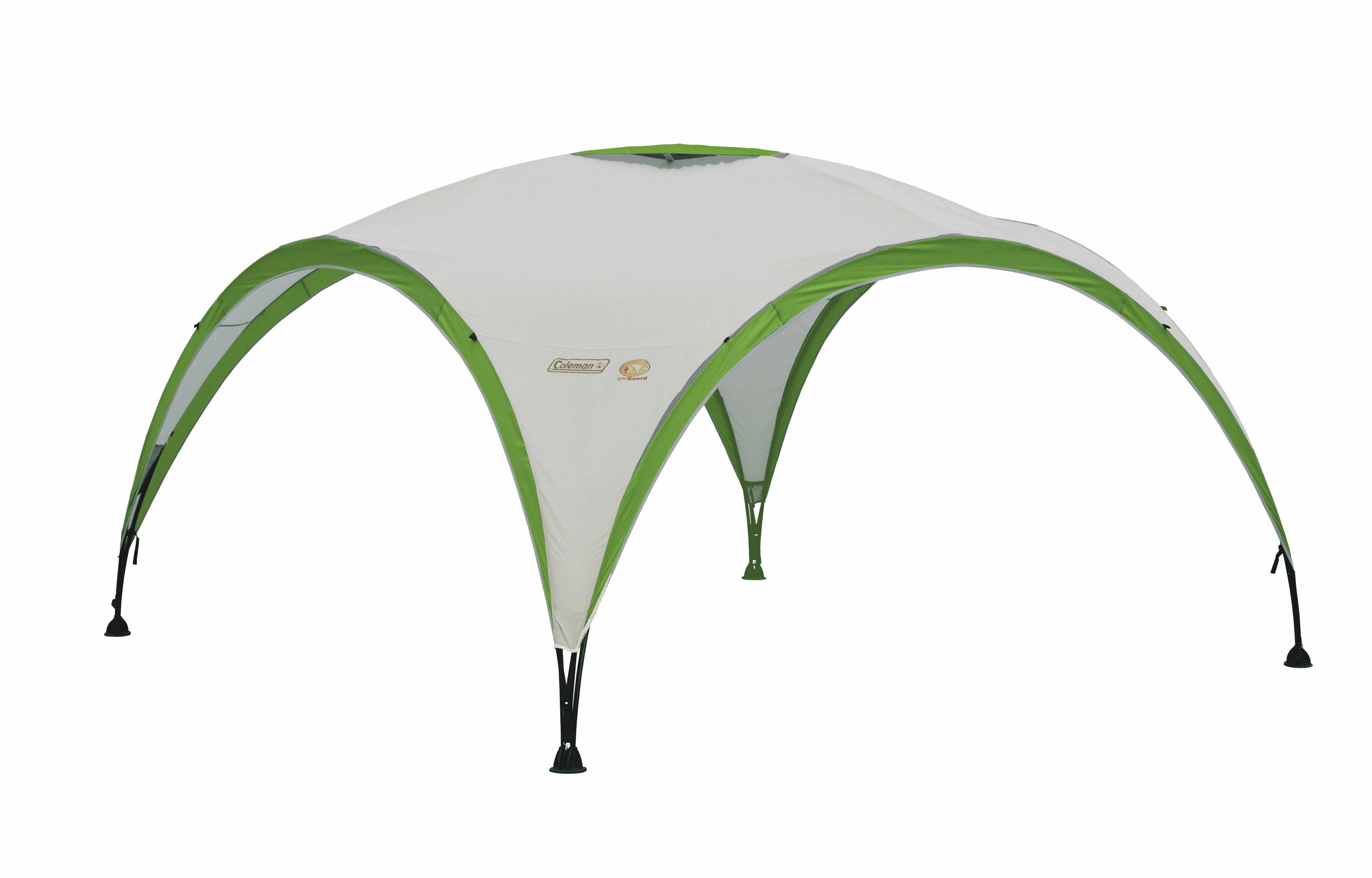 Tente auvent dôme blanc et vert avec quatre pieds arqués, isolée sur un fond uni.