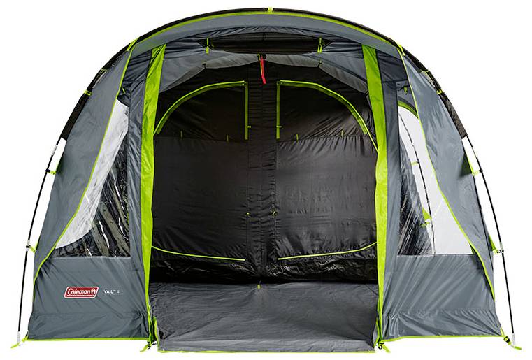 Vue de face d'une tente de camping Coleman grise et vert citron avec une grande ouverture de porte, montrant l'intérieur vide.