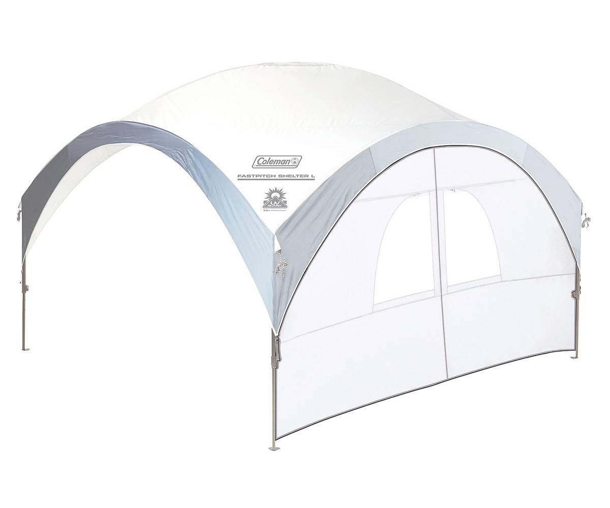 Tente auvent portable avec toit arqué bleu et blanc et paroi latérale en maille, présentée isolée sur fond blanc.