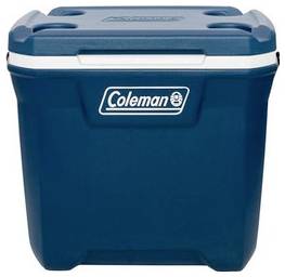 Glacière Coleman bleue avec couvercle blanc et logo, présentée de face sur un fond blanc.