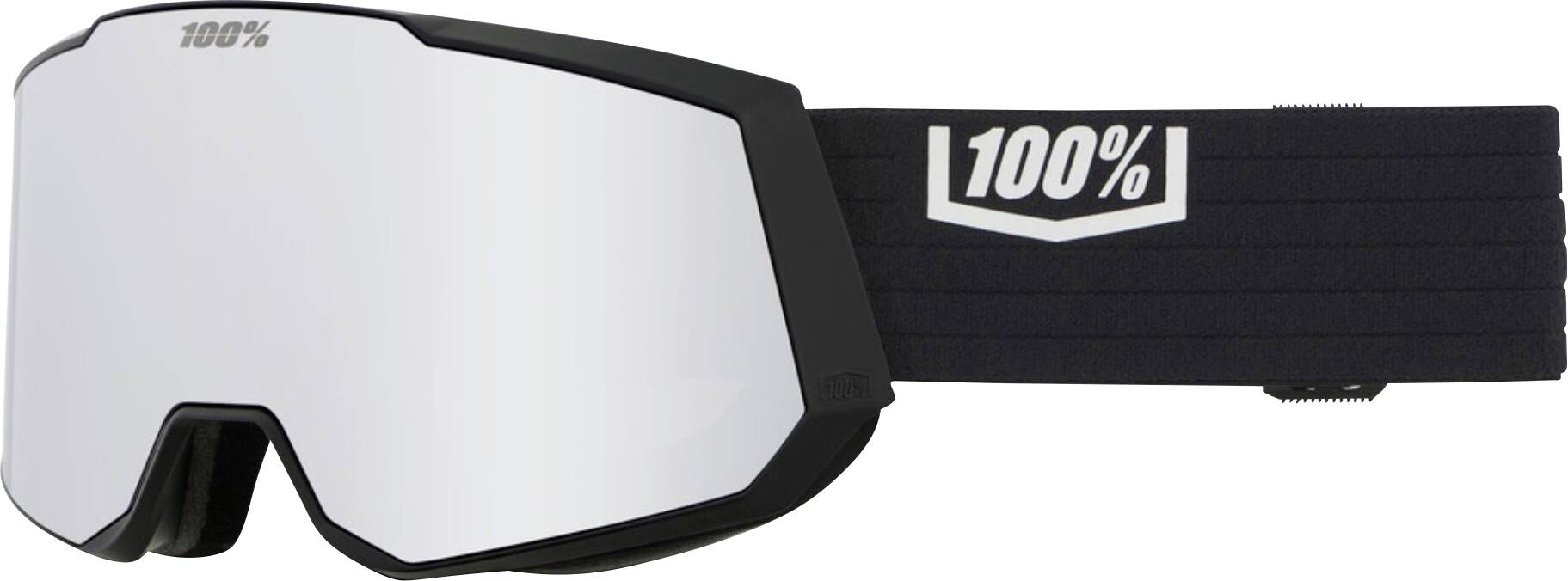Masque de ski/snowboard 100% noir avec verre miroir et sangle noire ajustable portant la marque '100%'