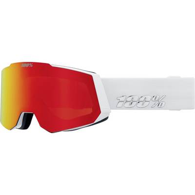 Des lunettes de ski à verres miroir rouges avec une sangle blanche étiquetée « 100 % » sur un fond blanc.