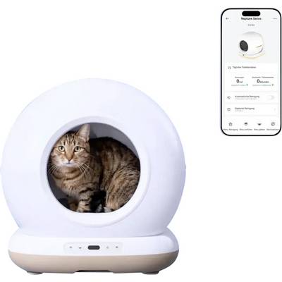 Bac à litière pour chat intelligent blanc circulaire avec un chat à l'intérieur, montré avec un écran d'application téléphonique pour la surveillance à distance et les contrôles de nettoyage.