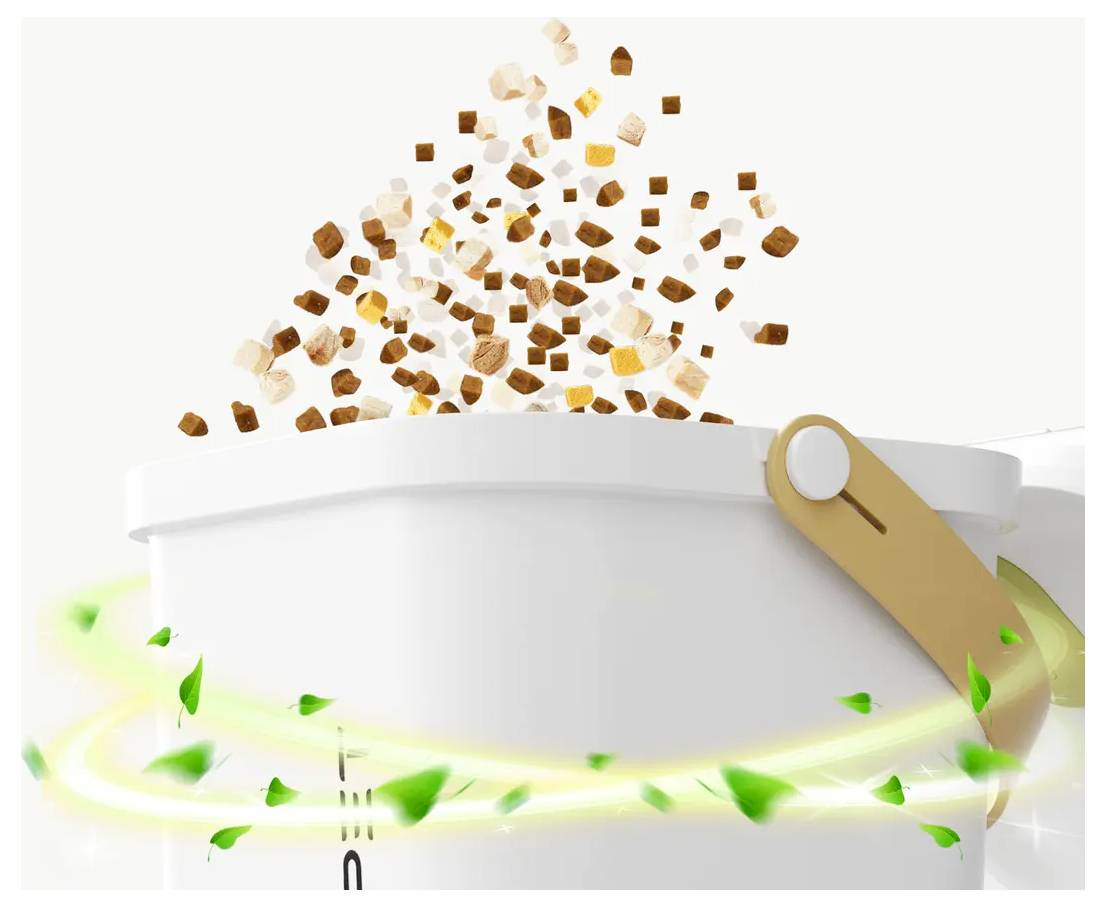 Seau blanc avec des granules brunes versant vers le haut/vers l'extérieur, entouré d'un anneau luminescent avec des feuilles vertes, suggérant un concept de produit respectueux de l'environnement.